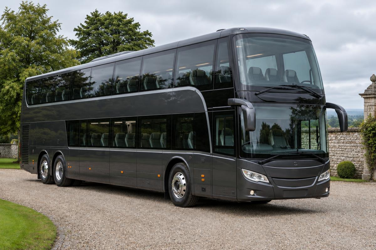 Illustrative scene: Charcoal double-decker touring coach with two decks of passenger windows