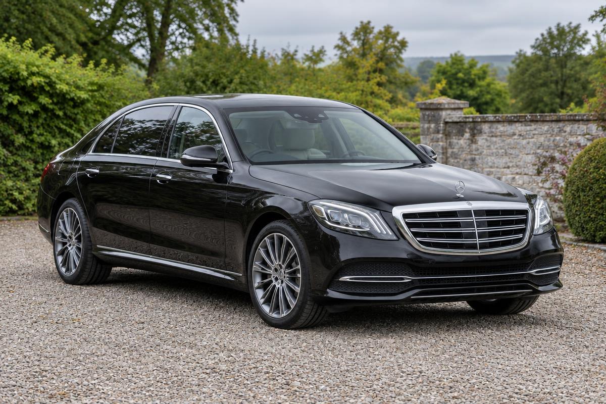 Illustrative scene: Black executive S-Class saloon on a country estate driveway