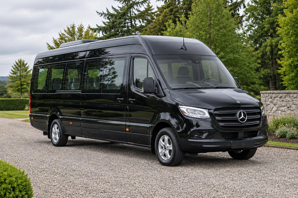 Illustrative scene: Black high-roof Sprinter passenger minibus on a spacious driveway