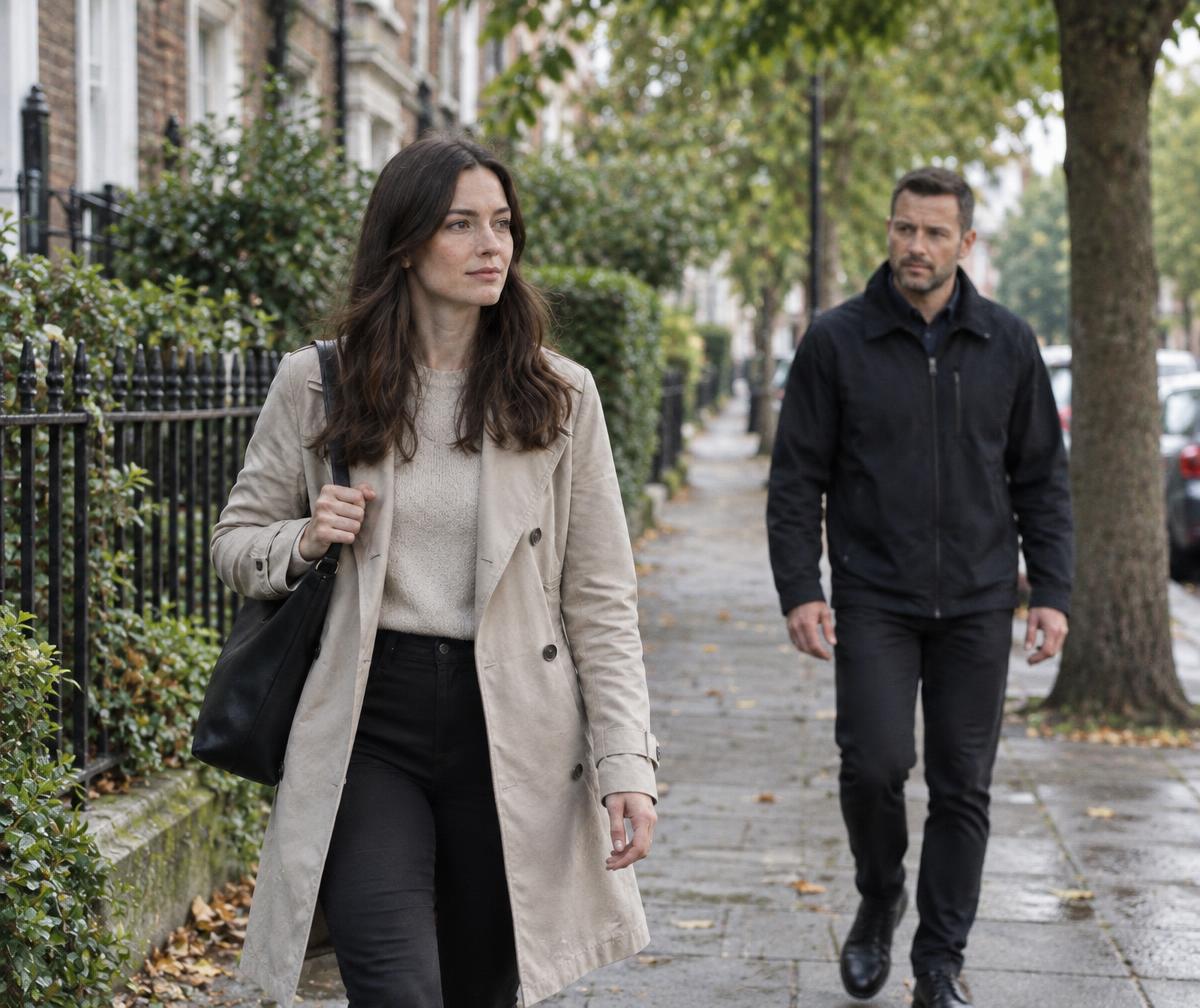 Illustrative scene: Client walking calmly with a discreet protection operative nearby