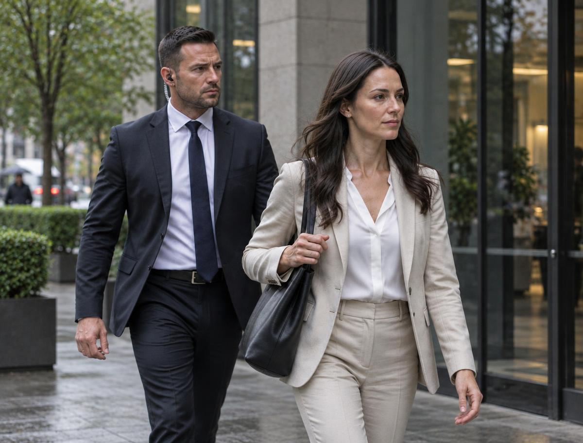 Illustrative scene: Discreet protection operative accompanying an executive outside an office entrance