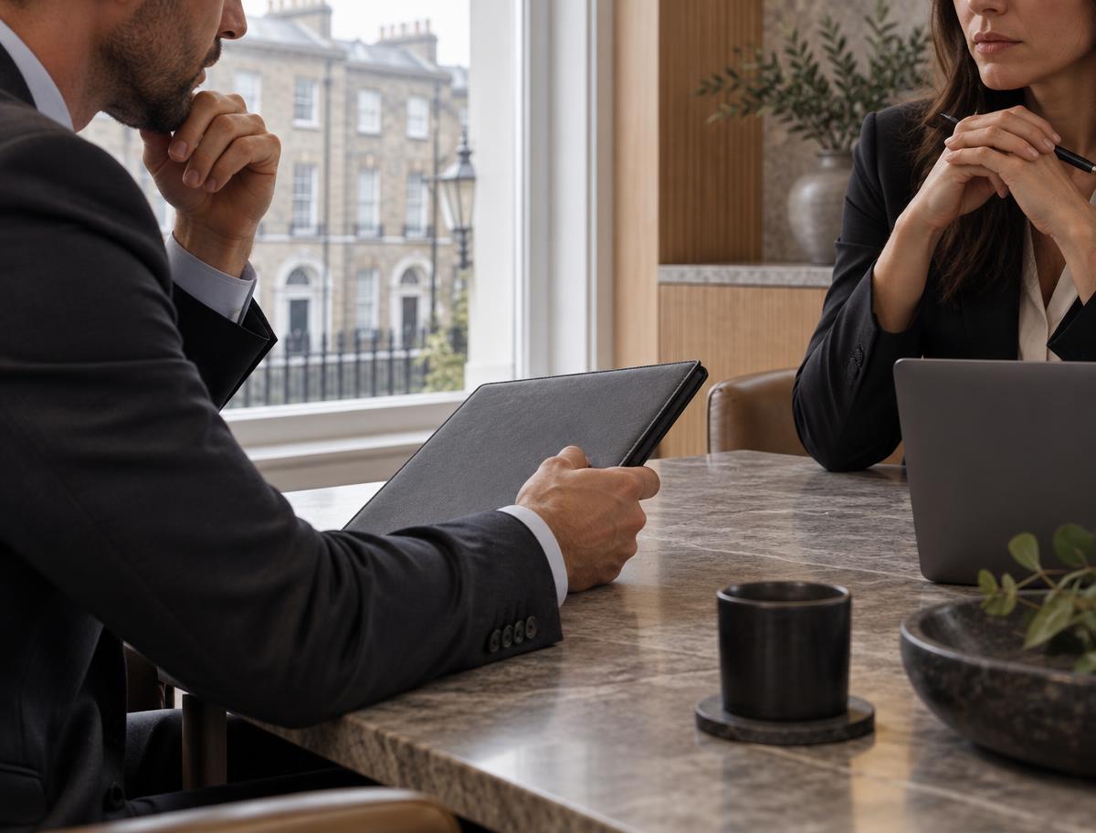 Illustrative scene: Confidential discussion in a refined meeting room with a closed folio